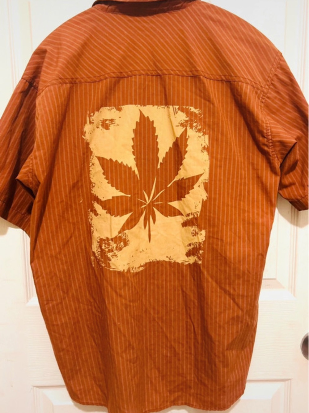 Men's Short-Sleeve Button-Down Shirt in Rust with Cream Leaf Graphic